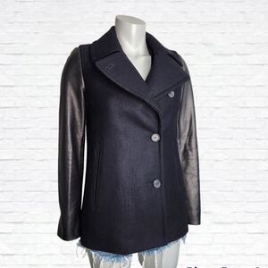 All Saints Ishba Black Leather Sleeve Navy Blue Wool Pea Coat Size 4